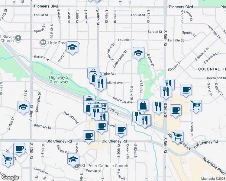 map of restaurants, bars, coffee shops, grocery stores, and more near 5230 South 50th Street in Lincoln