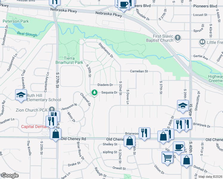 map of restaurants, bars, coffee shops, grocery stores, and more near 3107 Diadem Drive in Lincoln