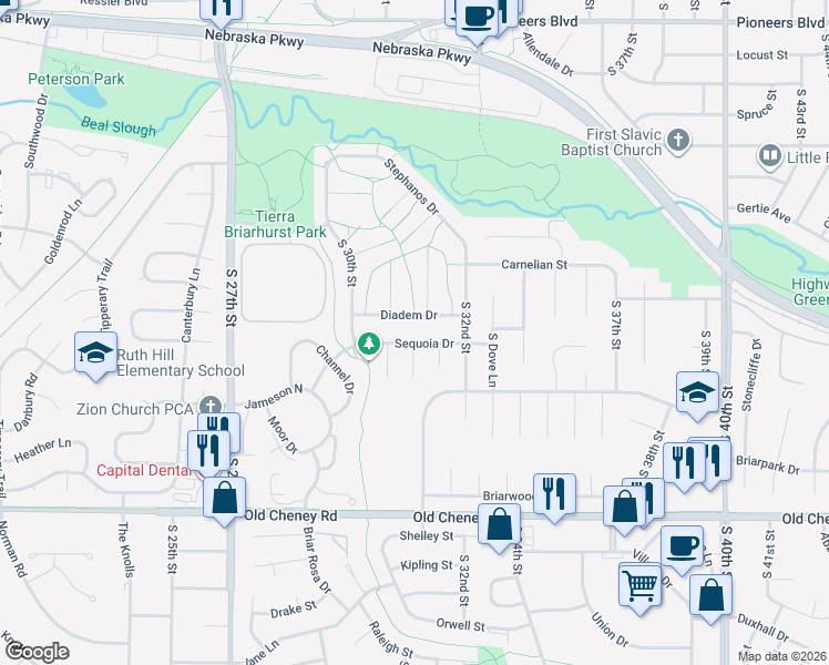 map of restaurants, bars, coffee shops, grocery stores, and more near 3107 Diadem Drive in Lincoln