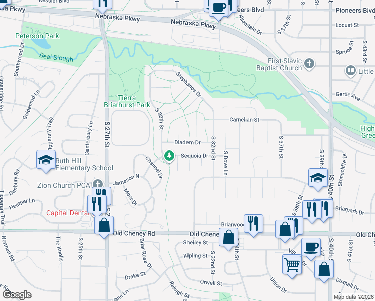 map of restaurants, bars, coffee shops, grocery stores, and more near 3107 Diadem Drive in Lincoln