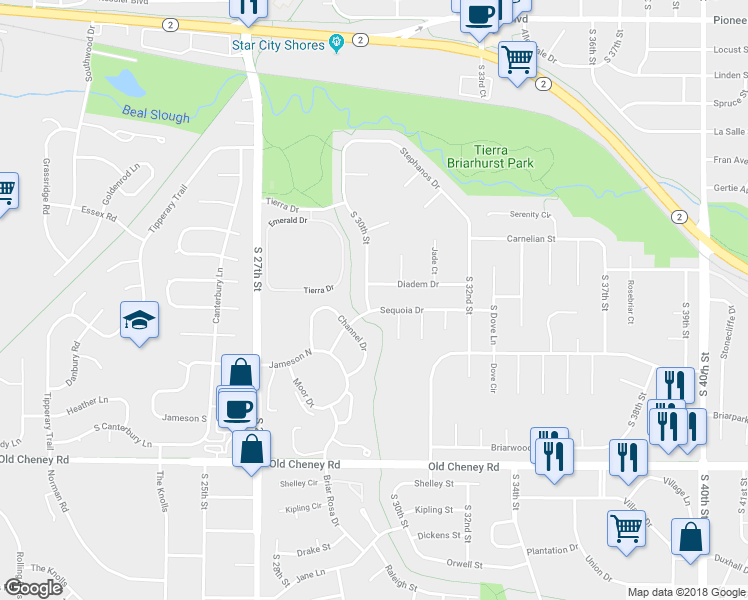 map of restaurants, bars, coffee shops, grocery stores, and more near 5309 South 30th Street in Lincoln