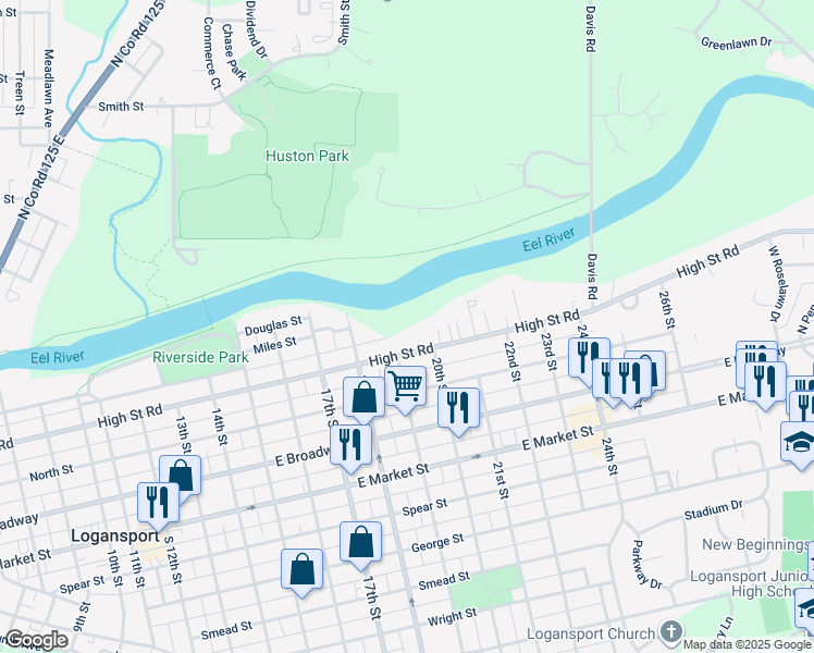 map of restaurants, bars, coffee shops, grocery stores, and more near 1912 High Street Road in Logansport