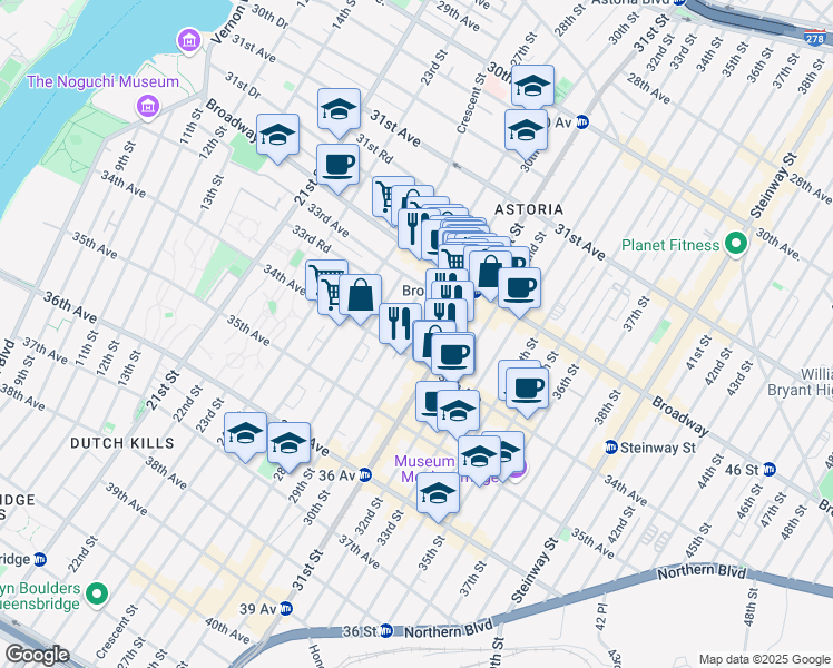 map of restaurants, bars, coffee shops, grocery stores, and more near 32-72 30th Street in Queens