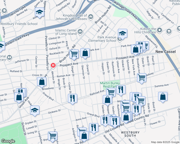 map of restaurants, bars, coffee shops, grocery stores, and more near 252 Grand Street in Westbury