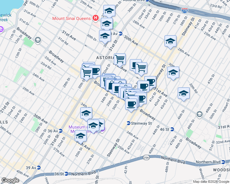 map of restaurants, bars, coffee shops, grocery stores, and more near 31-69 35th Street in Queens