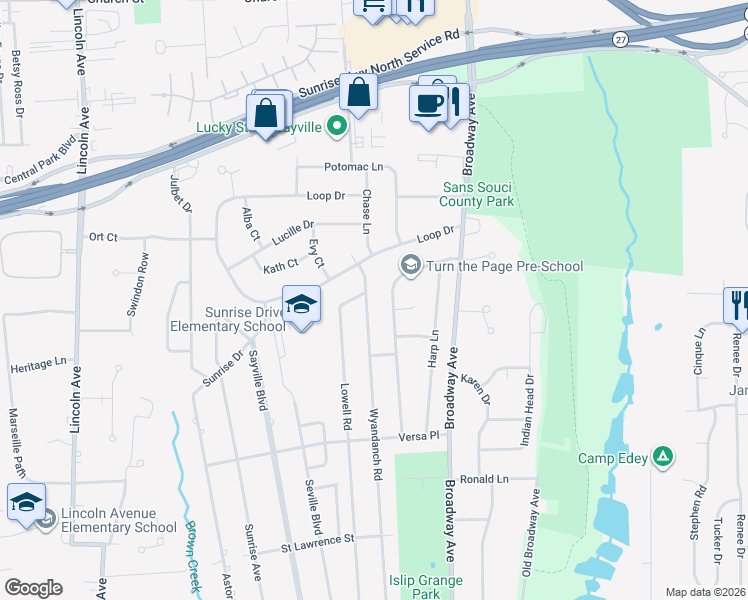 map of restaurants, bars, coffee shops, grocery stores, and more near 394 Wyandanch Road in Sayville
