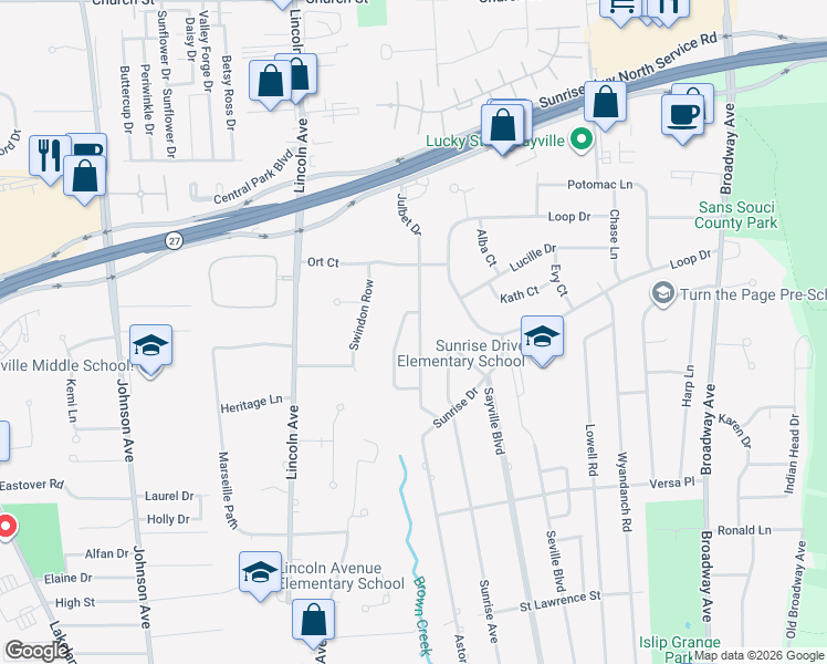 map of restaurants, bars, coffee shops, grocery stores, and more near 18 Richmar Drive in Sayville