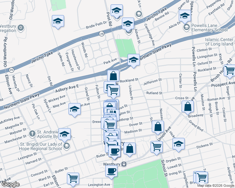 map of restaurants, bars, coffee shops, grocery stores, and more near 342 Post Avenue in Westbury