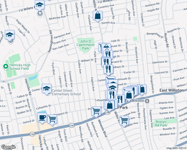 map of restaurants, bars, coffee shops, grocery stores, and more near 182 Park Avenue in Williston Park
