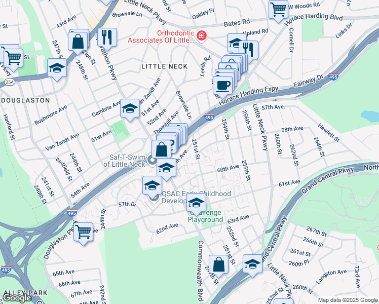 map of restaurants, bars, coffee shops, grocery stores, and more near 249-6 57th Avenue in Queens