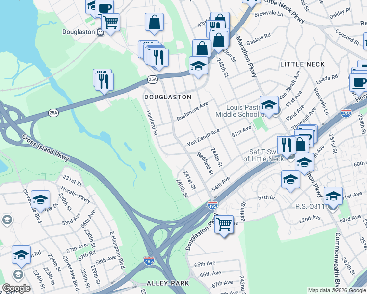 map of restaurants, bars, coffee shops, grocery stores, and more near 242-17 Van Zandt Avenue in Queens