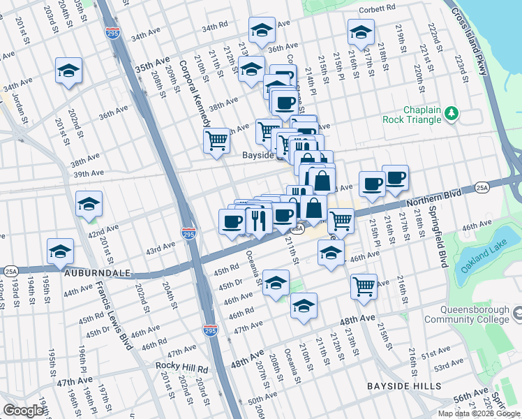 map of restaurants, bars, coffee shops, grocery stores, and more near 210-1 43rd Avenue in Queens