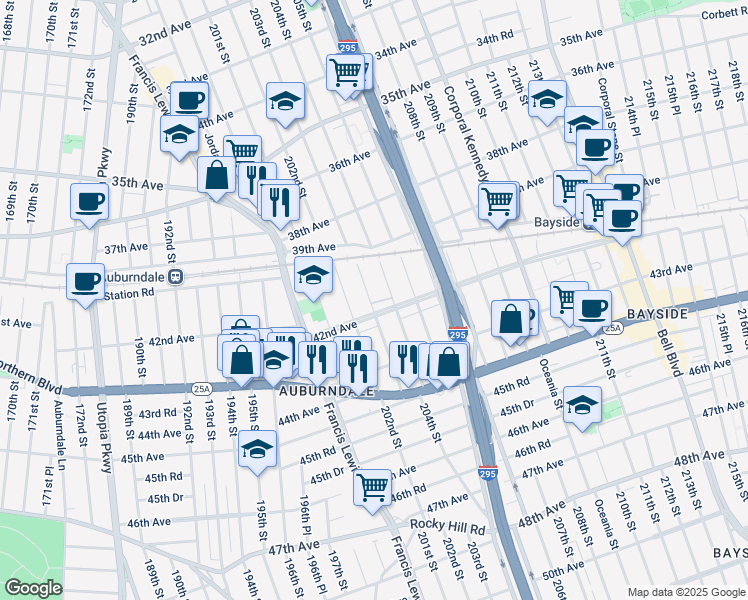 map of restaurants, bars, coffee shops, grocery stores, and more near 40-24 203rd Street in Queens
