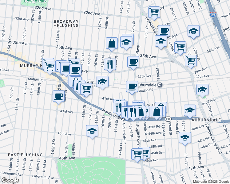 map of restaurants, bars, coffee shops, grocery stores, and more near 40-03 170th Street in Queens