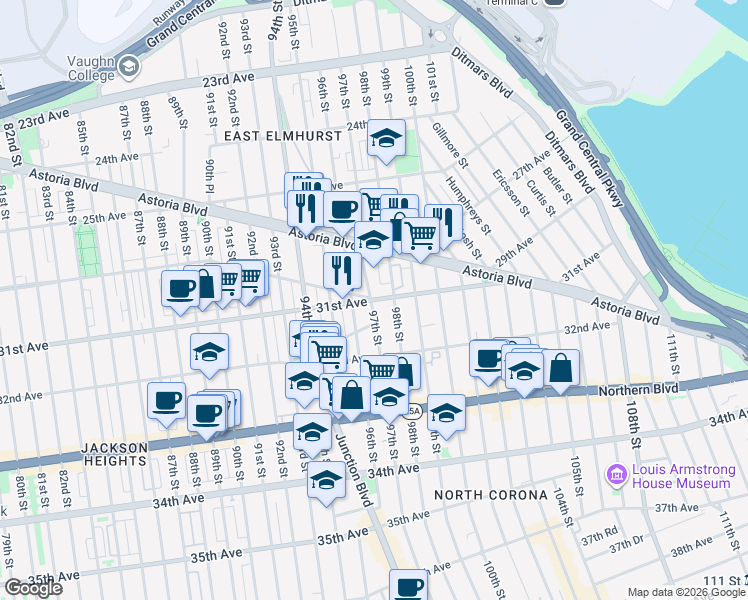 map of restaurants, bars, coffee shops, grocery stores, and more near 9509 31st Avenue in Queens