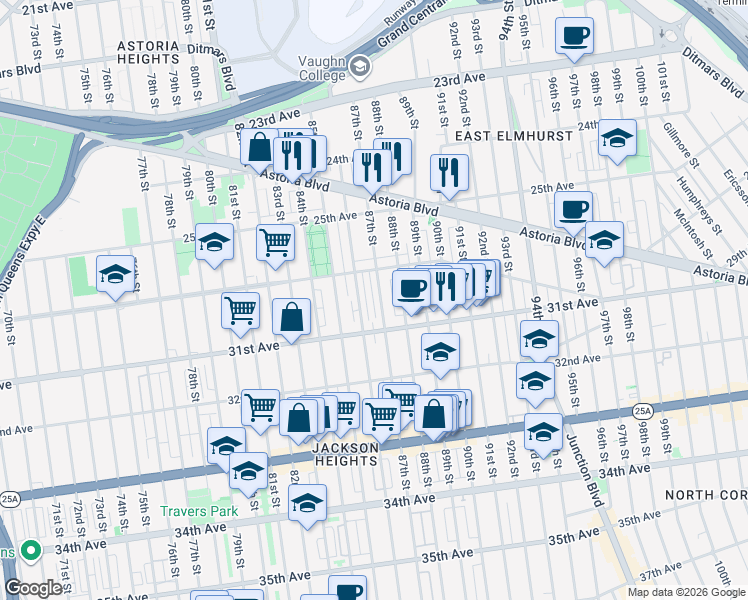 map of restaurants, bars, coffee shops, grocery stores, and more near 30-23 86th Street in Queens