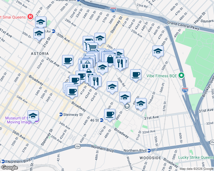 map of restaurants, bars, coffee shops, grocery stores, and more near 30-71 43rd Street in Queens