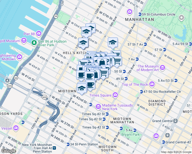 map of restaurants, bars, coffee shops, grocery stores, and more near 343 West 47th Street in New York