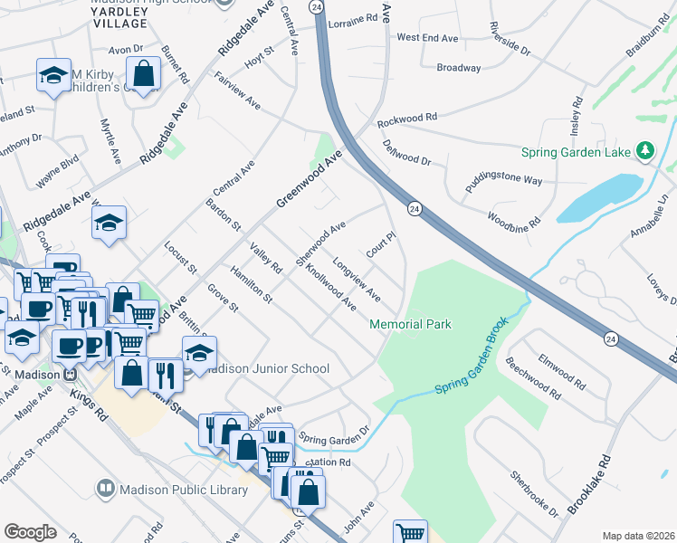 map of restaurants, bars, coffee shops, grocery stores, and more near 36 Longview Avenue in Madison