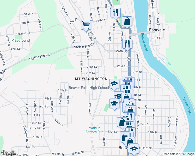 map of restaurants, bars, coffee shops, grocery stores, and more near 2013 11th Avenue in Beaver Falls