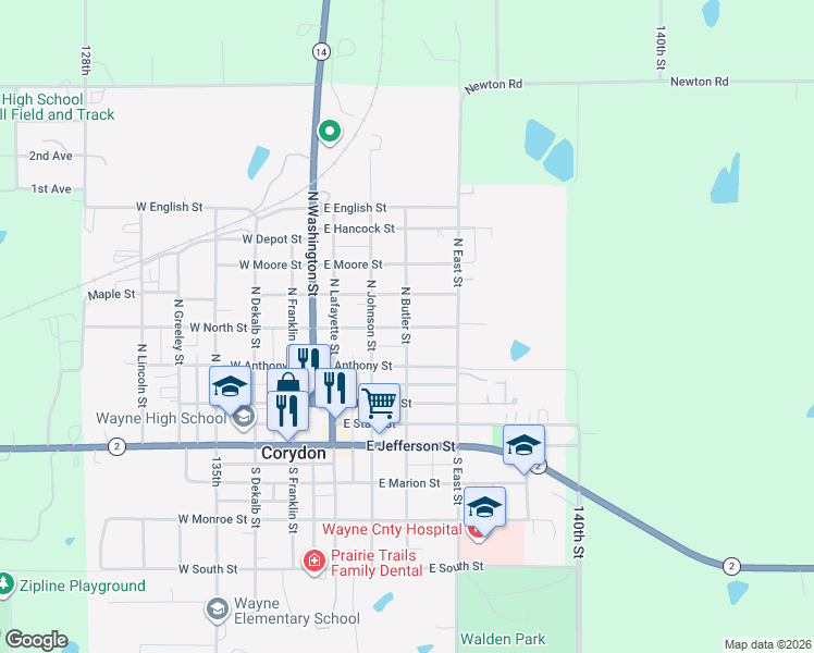 map of restaurants, bars, coffee shops, grocery stores, and more near 307 East North Street in Corydon