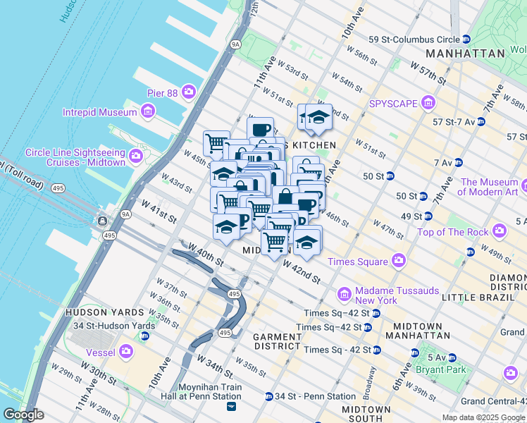 map of restaurants, bars, coffee shops, grocery stores, and more near in New York