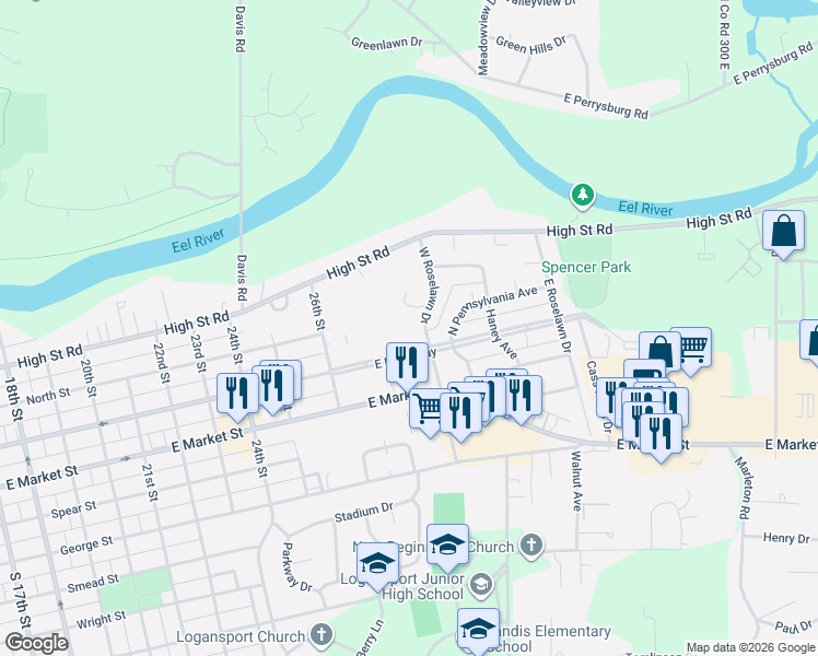 map of restaurants, bars, coffee shops, grocery stores, and more near 213-299 West Roselawn Drive in Logansport
