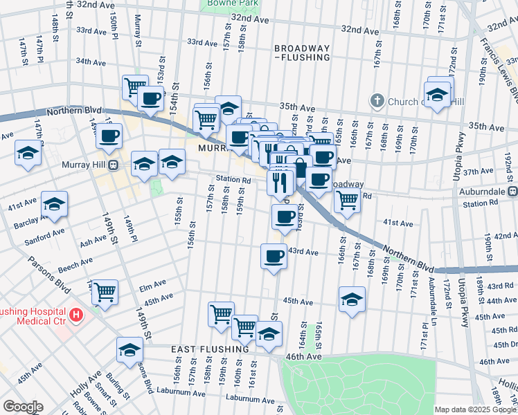 map of restaurants, bars, coffee shops, grocery stores, and more near 41-32 160th Street in Queens