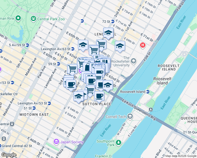 map of restaurants, bars, coffee shops, grocery stores, and more near 1107 1st Avenue in New York