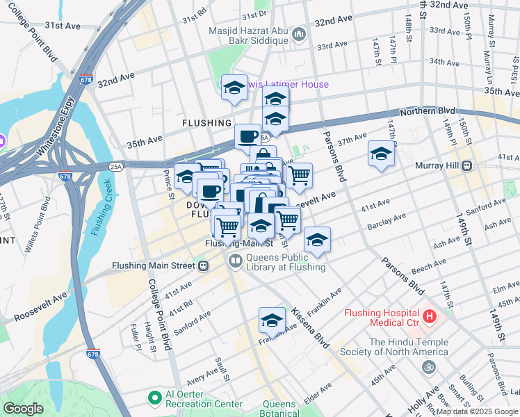 map of restaurants, bars, coffee shops, grocery stores, and more near 136-65 Roosevelt Avenue in Queens