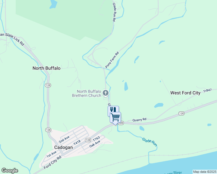 map of restaurants, bars, coffee shops, grocery stores, and more near 162 Glade Run Road in Kittanning