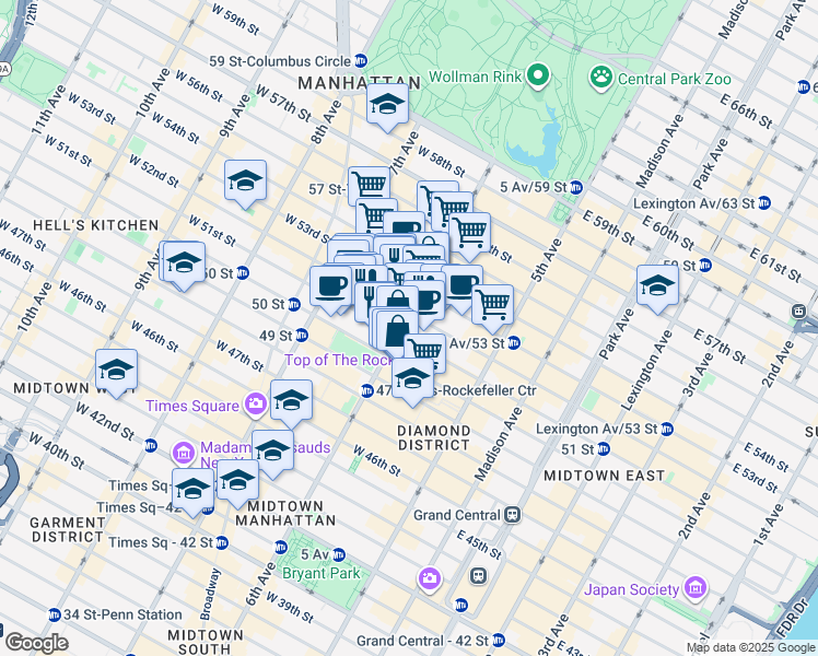 map of restaurants, bars, coffee shops, grocery stores, and more near 1290 6th Avenue in New York