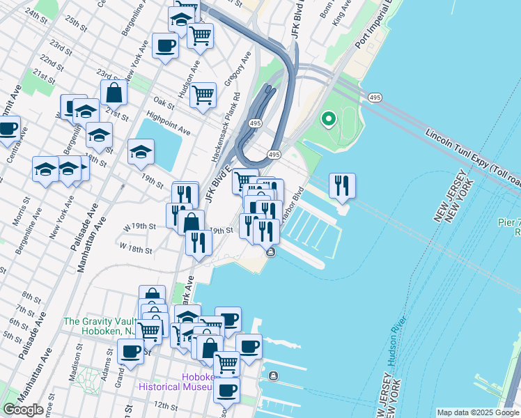 map of restaurants, bars, coffee shops, grocery stores, and more near 1000 Harbor Boulevard in Weehawken Township