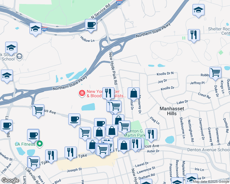 map of restaurants, bars, coffee shops, grocery stores, and more near Lake Success Quadrangle in Nassau County