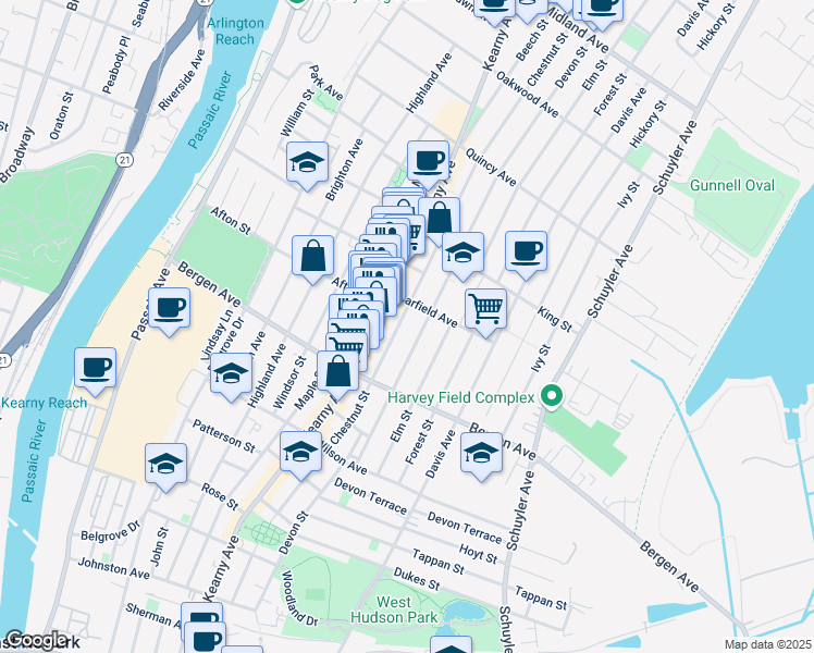map of restaurants, bars, coffee shops, grocery stores, and more near 276 Chestnut Street in Kearny