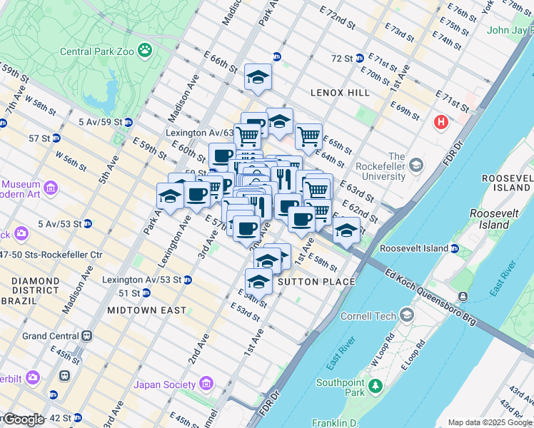 map of restaurants, bars, coffee shops, grocery stores, and more near 250 East 59th Street in New York