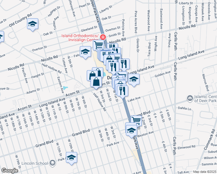 map of restaurants, bars, coffee shops, grocery stores, and more near 714 Long Island Avenue in Deer Park