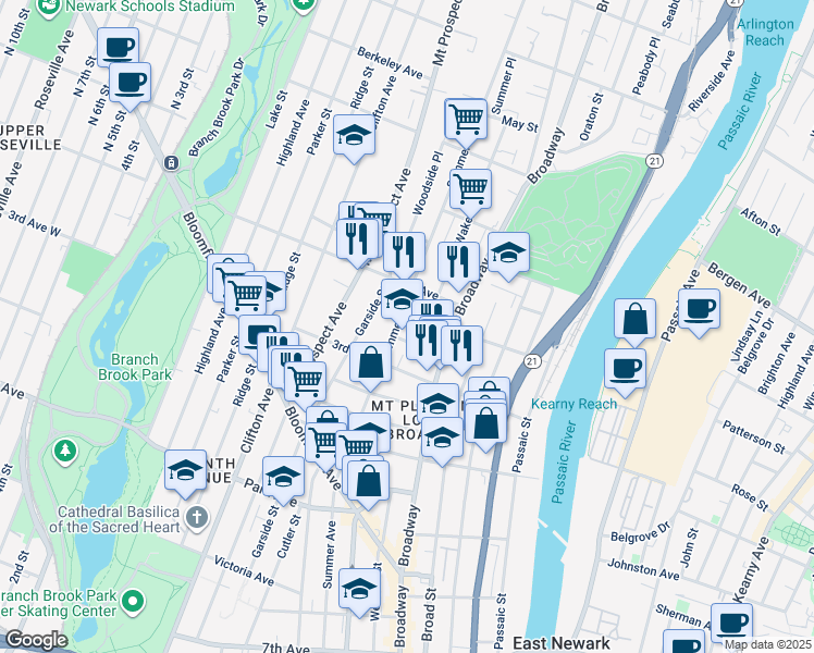 map of restaurants, bars, coffee shops, grocery stores, and more near 257 Summer Avenue in Newark