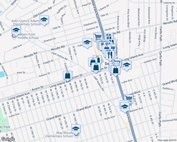 map of restaurants, bars, coffee shops, grocery stores, and more near 253 Half Hollow Rd in Deer Park