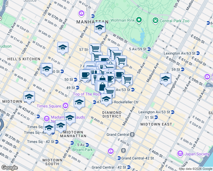 map of restaurants, bars, coffee shops, grocery stores, and more near 1290 6th Avenue in New York