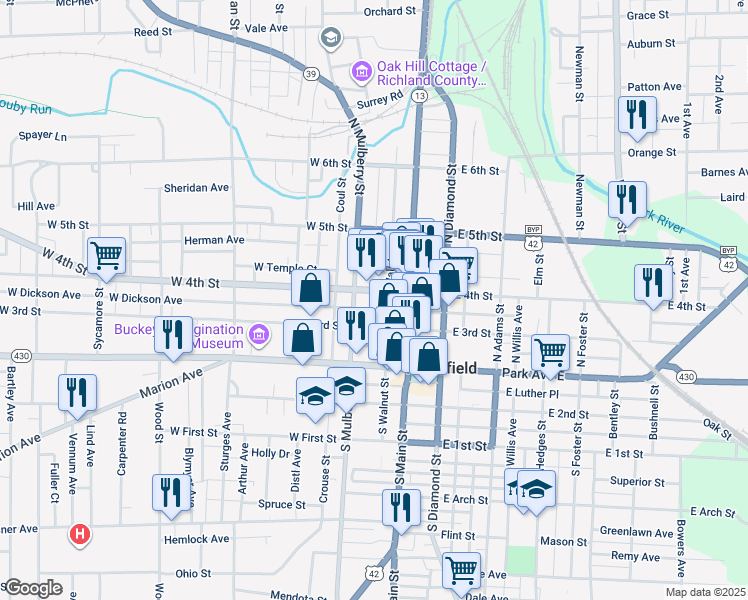 map of restaurants, bars, coffee shops, grocery stores, and more near 75 North Walnut Street in Mansfield
