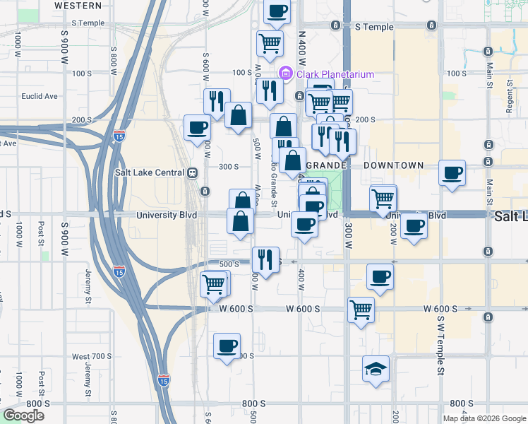 map of restaurants, bars, coffee shops, grocery stores, and more near 382 South Rio Grande Street in Salt Lake City