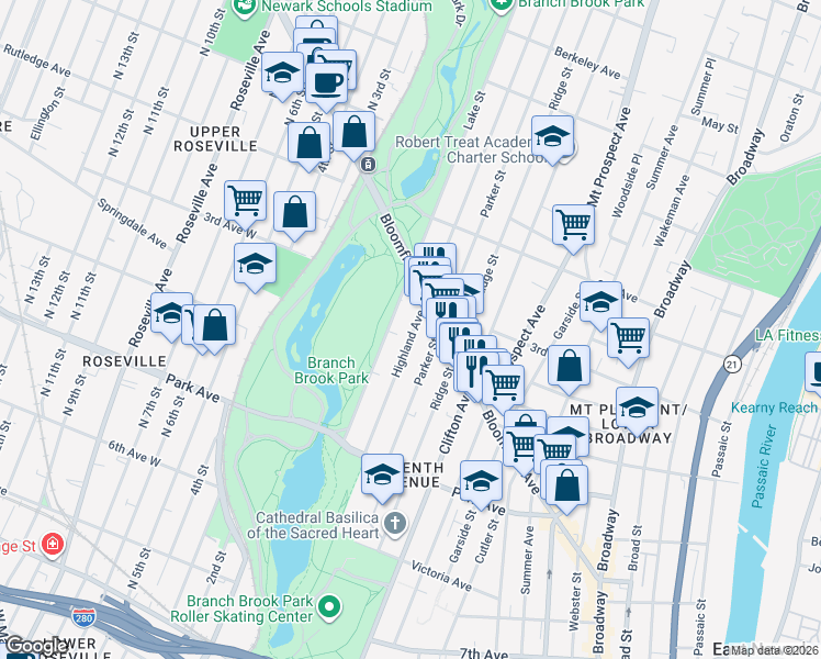 map of restaurants, bars, coffee shops, grocery stores, and more near 126 Highland Avenue in Newark
