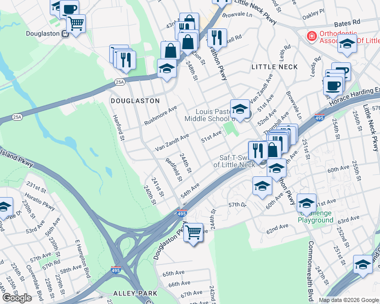 map of restaurants, bars, coffee shops, grocery stores, and more near 50-29 245th Street in Queens