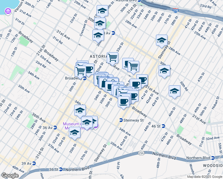 map of restaurants, bars, coffee shops, grocery stores, and more near 31-69 35th Street in Queens