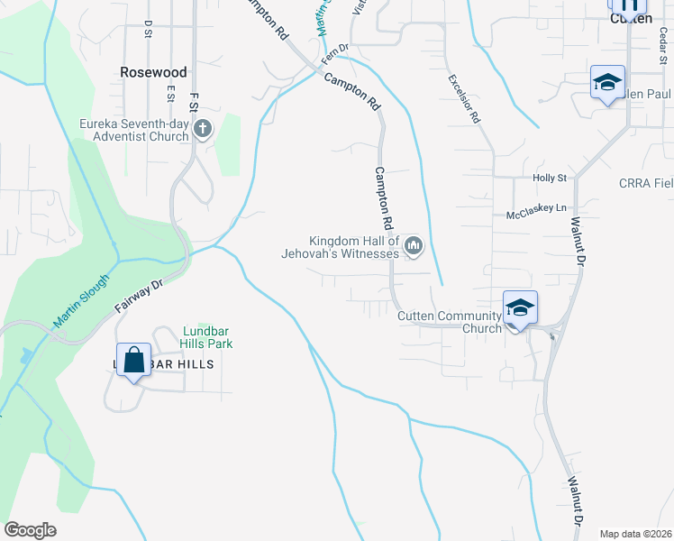 map of restaurants, bars, coffee shops, grocery stores, and more near 1305 Leslie Road in Eureka