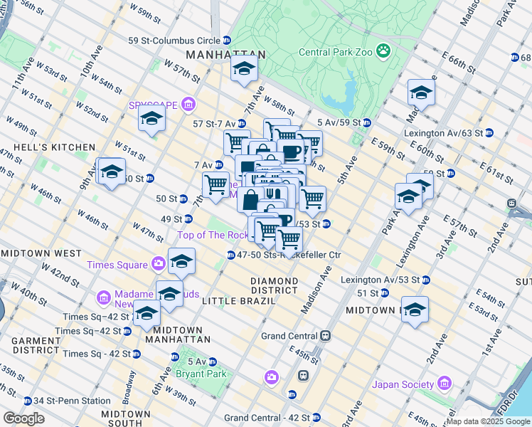 map of restaurants, bars, coffee shops, grocery stores, and more near 51 West 52nd Street in New York