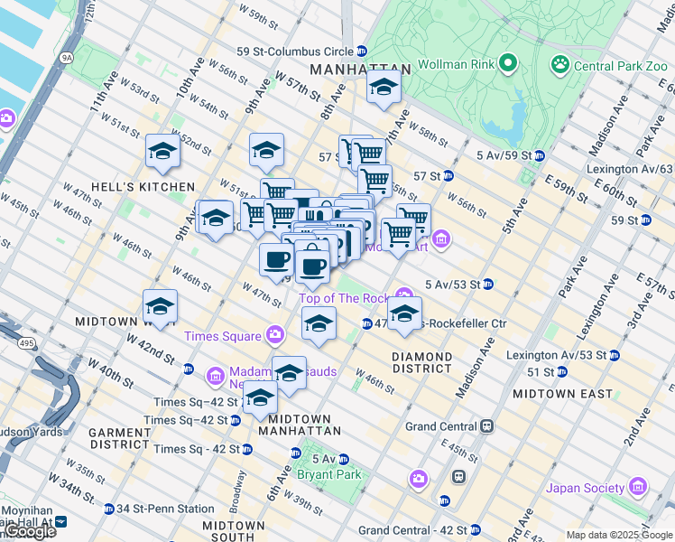 map of restaurants, bars, coffee shops, grocery stores, and more near 150 West 50th Street in New York