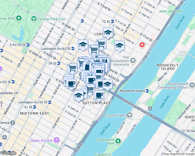 map of restaurants, bars, coffee shops, grocery stores, and more near 330 East 61st Street in New York