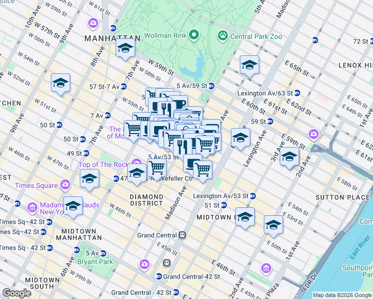 map of restaurants, bars, coffee shops, grocery stores, and more near in New York